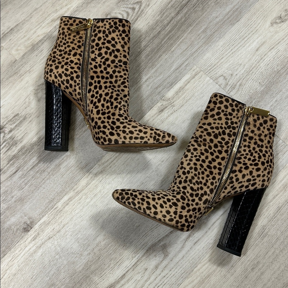 Michael Kors Leopard Calf Hair Embossed Leather Gold Zip Chunky Heel Ankle Boots - Picture 4 of 16
